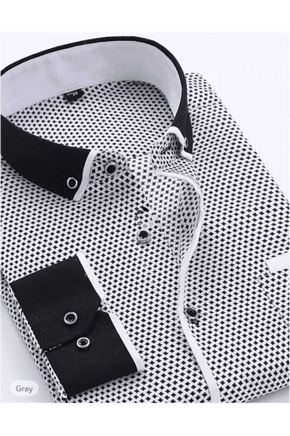Plus‑Size Men's Black‑White Geometric Print Long‑Sleeve Dress Shirt, Formal Wedding Business Top