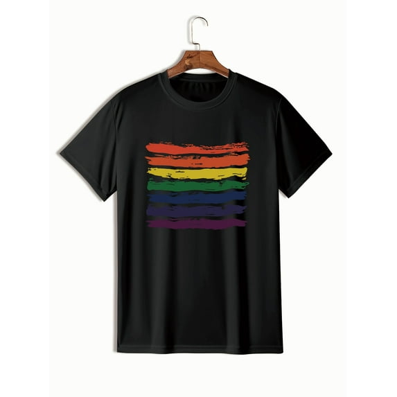 Plus Size Men's Casual Graphic Tees For Summer, "RAINBOW FLAG" Print Crew Neck Oversized T-shirts, Trendy Chic Outfit Men's Clothings