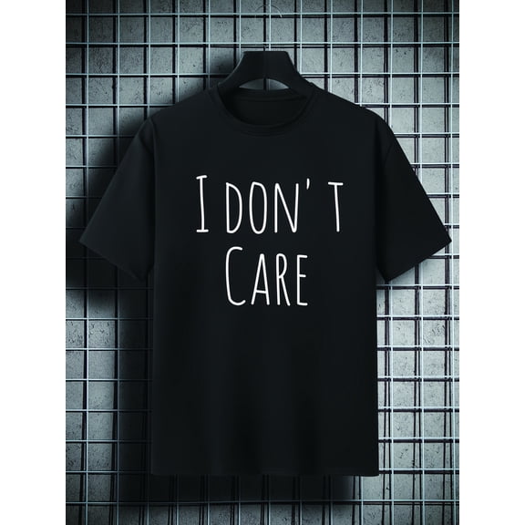 Plus Size Men's Casual T-Shirt - Comfy Polyester Blend, Crew Neck, Short Sleeve with 'I Don't Care' Print - Perfect for Summer, PLUS SIZE