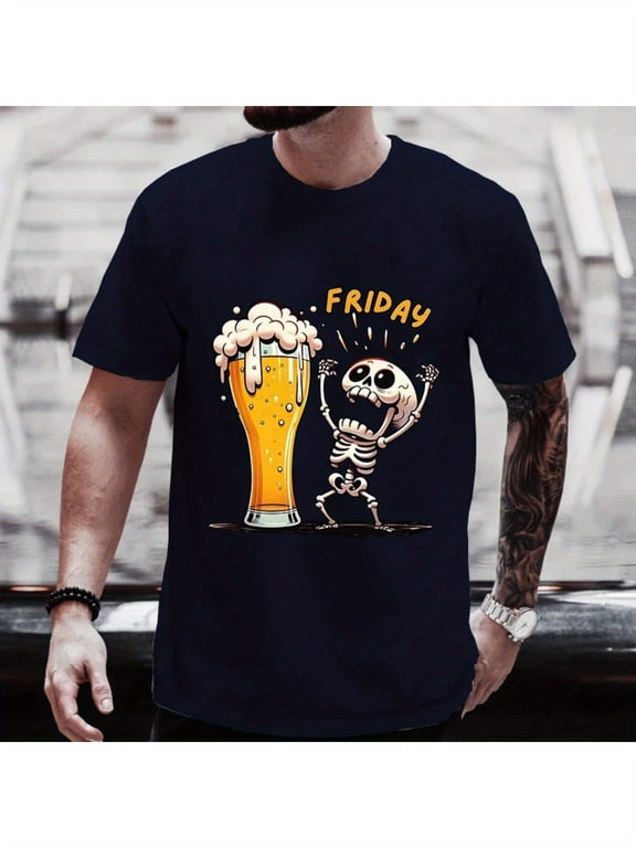 Plus Size Men's Cotton T-Shirt - Funny Skeleton "Finally Friday" Beer Mug Graphic Tee, Casual Short Sleeve Round Neck Top for Beer Lovers, Machine Washable Spring Summer Fall Apparel, PLUS SIZE