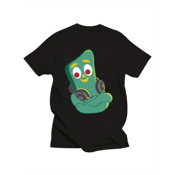 Plus Size Men's Cotton T-Shirt - Retro Gumby with Headphones Graphic Tee, Black Casual Short Sleeve Round Neck Shirt for Adults & Teens, Machine Washable Spring Summer Fall Apparel, Vintage Tshirt,