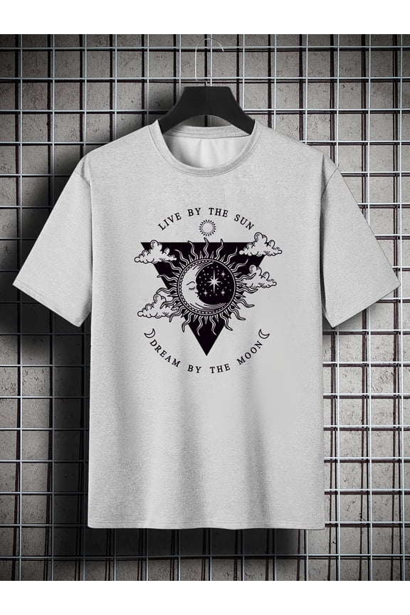 Plus Size Men's Crew Neck Short Sleeve T-shirt - 'LIVE BY THE SUN DREAM BY THE MOON' Print, Oversized Casual Clothing for Big and Tall Guys, Perfect Valentine's Gift