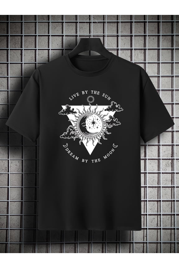 Plus Size Men's Crew Neck Short Sleeve T-shirt - 'LIVE BY THE SUN DREAM BY THE MOON' Print, Oversized Casual Clothing for Big and Tall Guys, Perfect Valentine's Gift