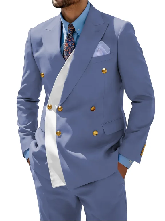 Plus Size Men's Formal Dusty Blue Double Breasted 2 Piece Tuxedo Slim Fit Suit Blazer Pant Set for Prom Wedding, 5XL