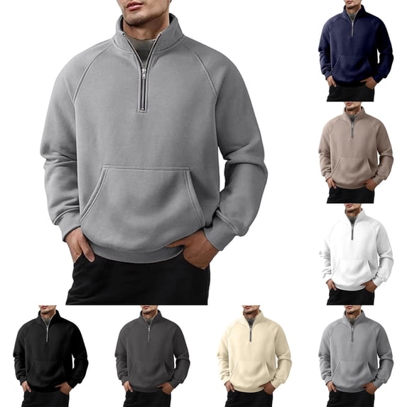 Plus Size Men's Long Sleeve Work Sweatshirt Top Stand Collar Hooded Half Zip Pullover Solid Color Polyester Blend Casual Daily Outdoor Activity Fashion Gift For Him | JASKFLY,Navy 2XL