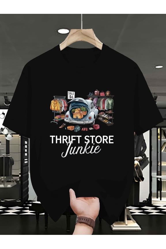 Plus Size Men's "Secondhand Shop Addict" Graphic T-Shirt - Casual Crew Neck, Short Sleeve, Geometric Pattern, Slightly Stretchy Fabric, Summer Adult T-Shirt, Plus Size Clothing | Vintage Car Patter