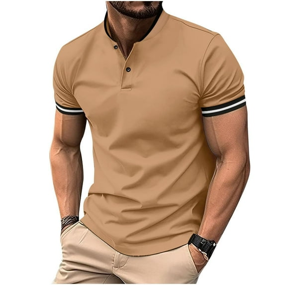 Plus Size Men's Shirt Solid Color Turn Down Collar Polos Shirts with Button Summer Casual Lightweight Tops Pullover Blouses T-Shirts Khaki M