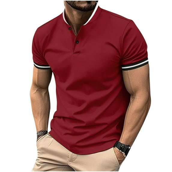 Plus Size Men's Shirt Solid Color Turn Down Collar Polos Shirts with Button Summer Casual Lightweight Tops Pullover Blouses T-Shirts Red S