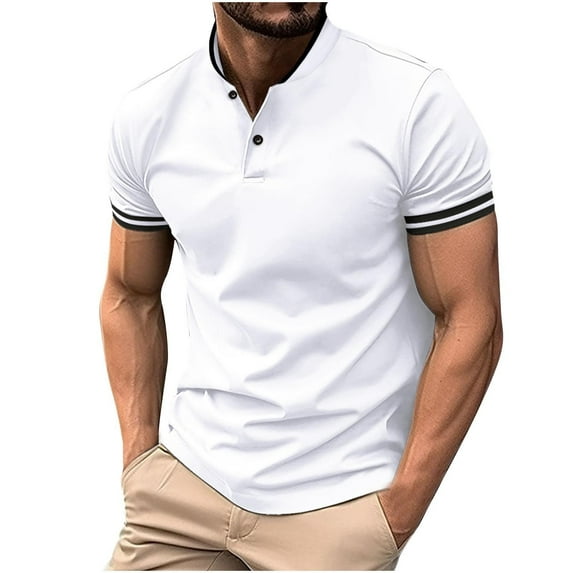 Plus Size Men's Shirt Solid Color Turn Down Collar Polos Shirts with Button Summer Casual Lightweight Tops Pullover Blouses T-Shirts White S