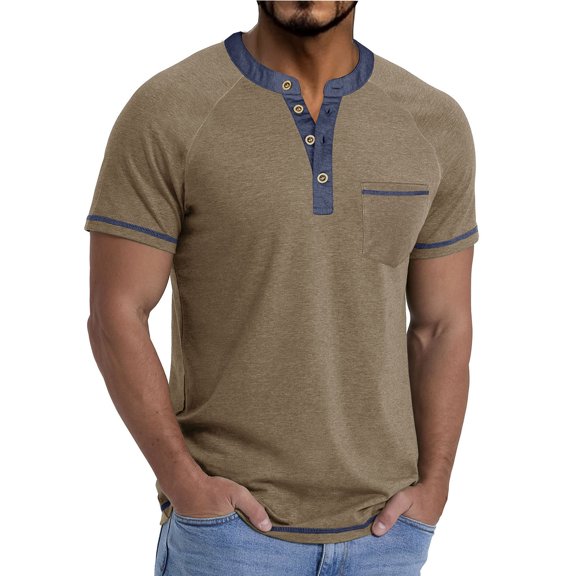 Plus Size Men's Short Sleeve Button Down Shirt with Solid Color Patchwork Design for Casual Fashion Wear