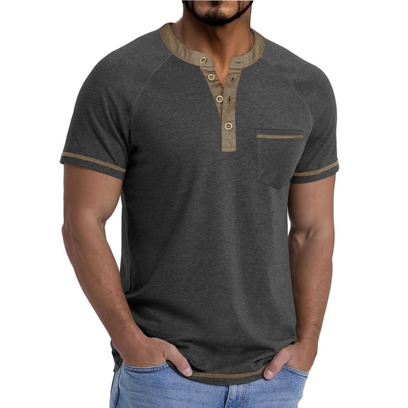 Plus Size Men's Short Sleeve Button Down Shirt with Solid Color Patchwork Design for Casual Fashion Wear