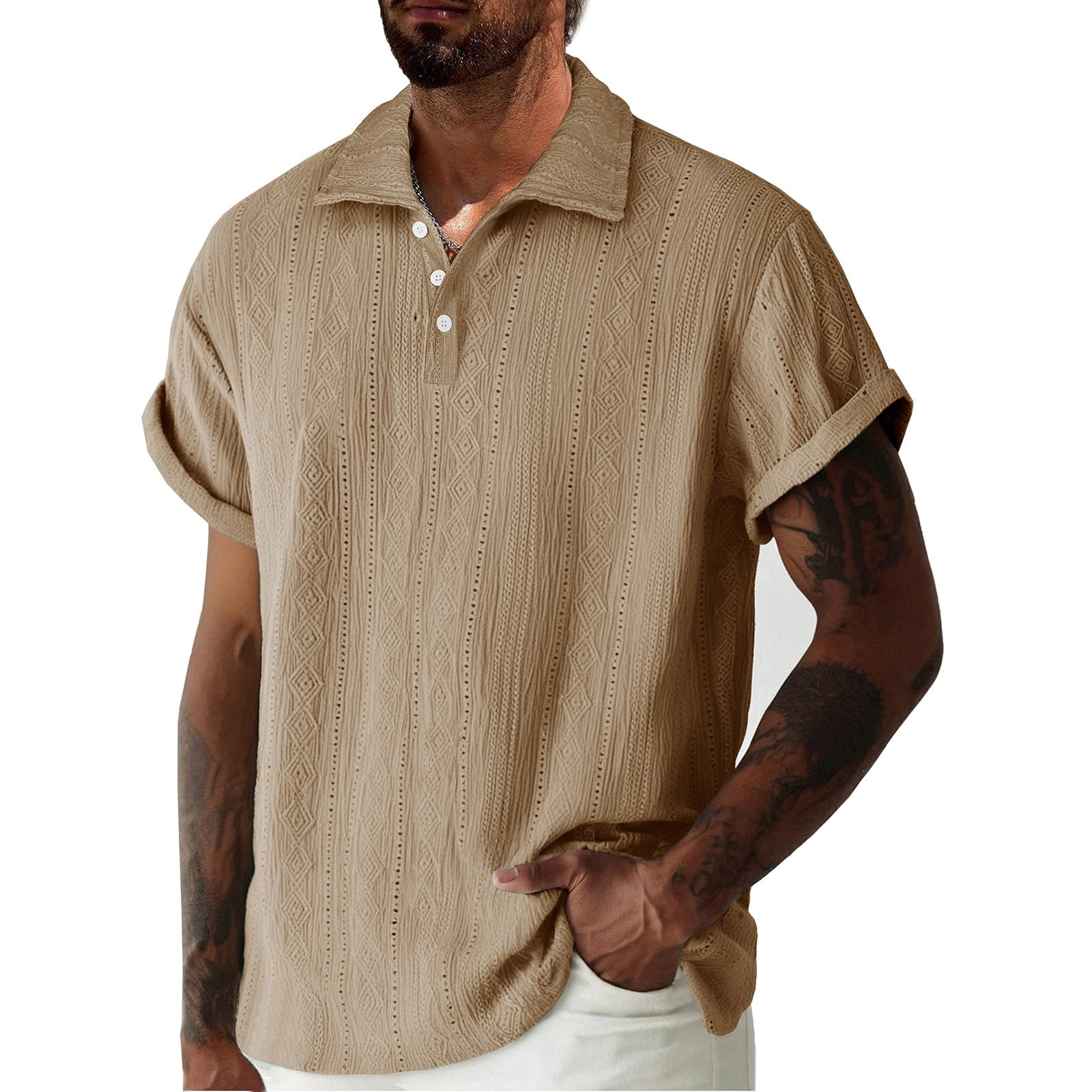 Plus Size, Men's Short Sleeve Button-Up Shirt, Turn-Down Collar, Solid ...