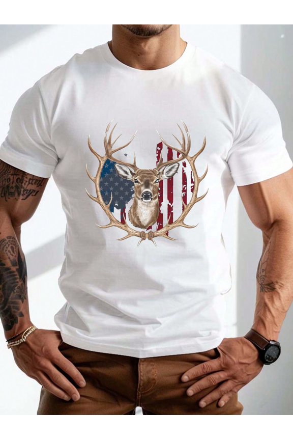 Plus Size Men's Summer T-Shirt, Deer Flag Graphic Print Short Sleeve Tees Casual Tops For Daily Life, Big & Tall Guys