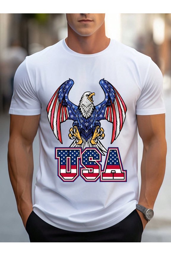 Plus Size Men's T-Shirt American Eagle With Usa Flag Design For Casual Wear And Patriotic Events 220g
