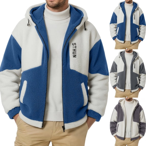 Plus Size Men's Winter Hooded Cotton Jacket Thick Fleece Lined Lined Casual Color Block Patchwork Fashion Coat,Shearling | JASKFLY,Blue 2XL