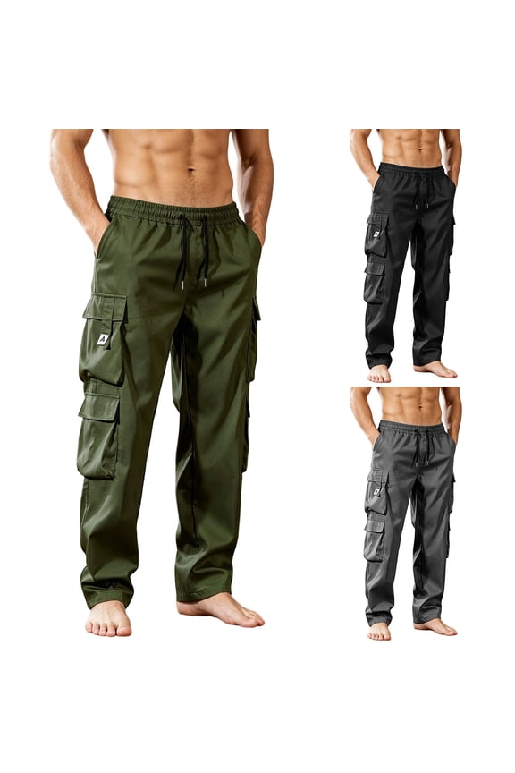 Plus Size Men's Workwear Straight-Leg Pants Trousers, Elastic Waist Drawstring Solid Multi-Pockets, Polyester Industrial Work Pants for Construction Handyman, Outdoor Heavy Duty