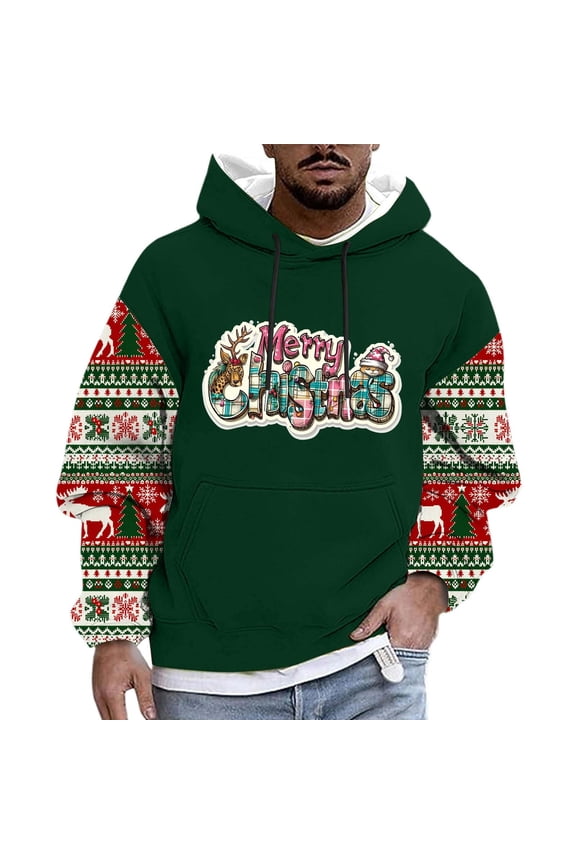 Plus Size Mens Christmas Hooded Xmas Tree Elk Print Color Block Long Sleeve Sweatshirt with Kangaroo Pocket