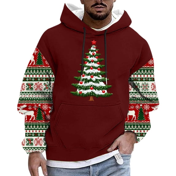 Plus Size Mens Christmas Hooded Xmas Tree Elk Print Color Block Long Sleeve Sweatshirt with Kangaroo Pocket