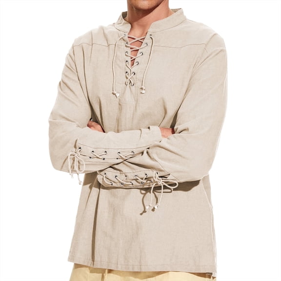 Mens Laced Shirt Medieval Pirate Top Renaissance Viking Hippie Halloween Cosplay Costume Beige 2Xl