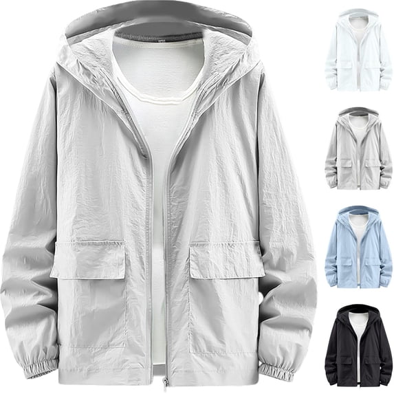 Plus Size Mens Loose Sunscreen Hooded Athletic Jackets for Outdoor Fishing Hiking Full Zipper with Pockets Lightweight Summer Jackets Thin Hoodie Solid Color Sweatshirt Soft Hoodies