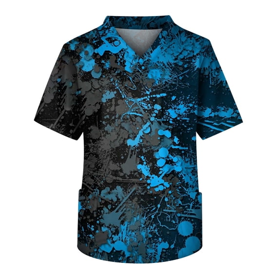 Plus Size Mens Printed Scrub Tops Tie Dye Pattern V-Neck Short Sleeve Medical Uniform with Side Pockets Blue 5XL