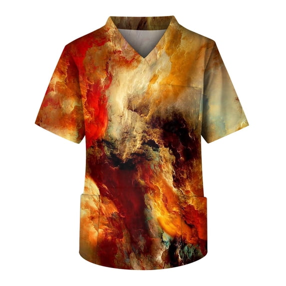 Plus Size Mens Printed Scrub Tops Tie Dye Pattern V-Neck Short Sleeve Medical Uniform with Side Pockets Brown L