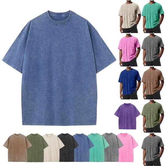 Plus Size Mens Shirts Short Sleeve Under $10 Men's Casual Crew Neck Solid Color Sports Washed Vintage Distressed T-Shirt Short Sleeve Crew Neck Top/Shirt, Blue, 2XL
