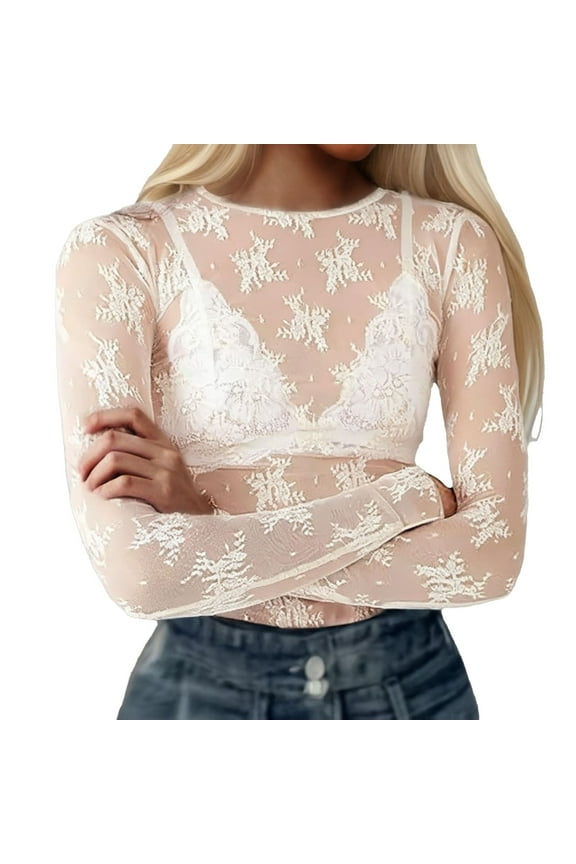 Plus Size Mesh Top Women's Sexy Transparent Sheer Long Sleeve Blouse Tunic Clubwear Party Music Festival Casual T Shirt