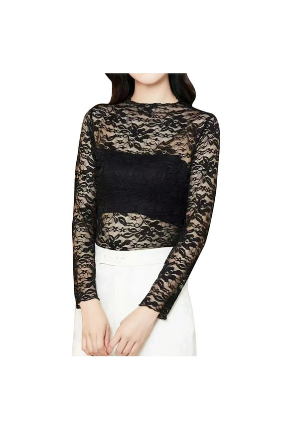Plus Size Mesh Tops Women Long Sleeve Lace Shirts See Through Party Mock Neck 2025 Sheer Undershirt