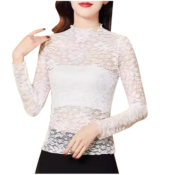 Plus Size Mesh Tops Women Long Sleeve Lace Shirts See Through Party Mock Neck 2025 Sheer Undershirt