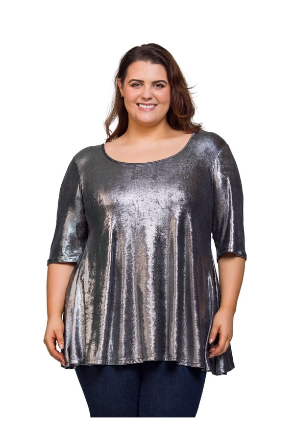 Plus Size Metallic Scoop Neck Flared Tunic Top