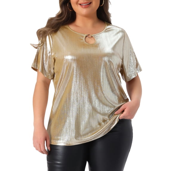 Plus Size Metallic Top for Women Keyhole Round Neck Short Sleeve t Shirt Party Blouses Tee Top 3X Champagne