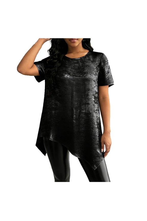 Plus Size Metallic Tops for Women Round Neck Short Sleeve Party Shirts Disco Blouses Sparkly Tee Top Black