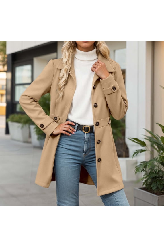 Plus Size Mid Length Trench Coat For Autumn Winter With Notched Lapel And Button Closure (Khaki M)