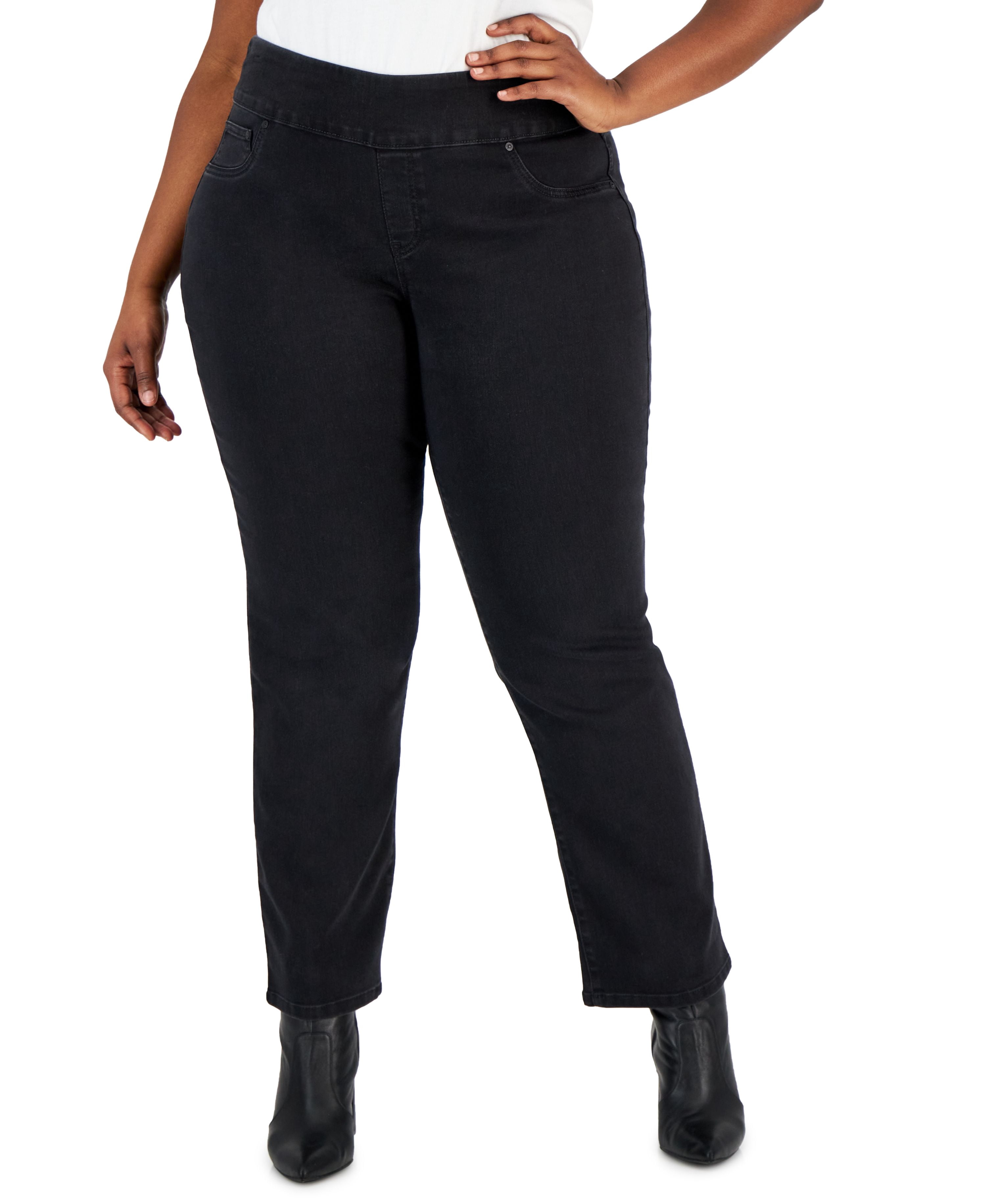 Plus Mid Rise Plus Size Mid-Rise Pull On Straight Leg Jeans Washed Black 20W ...