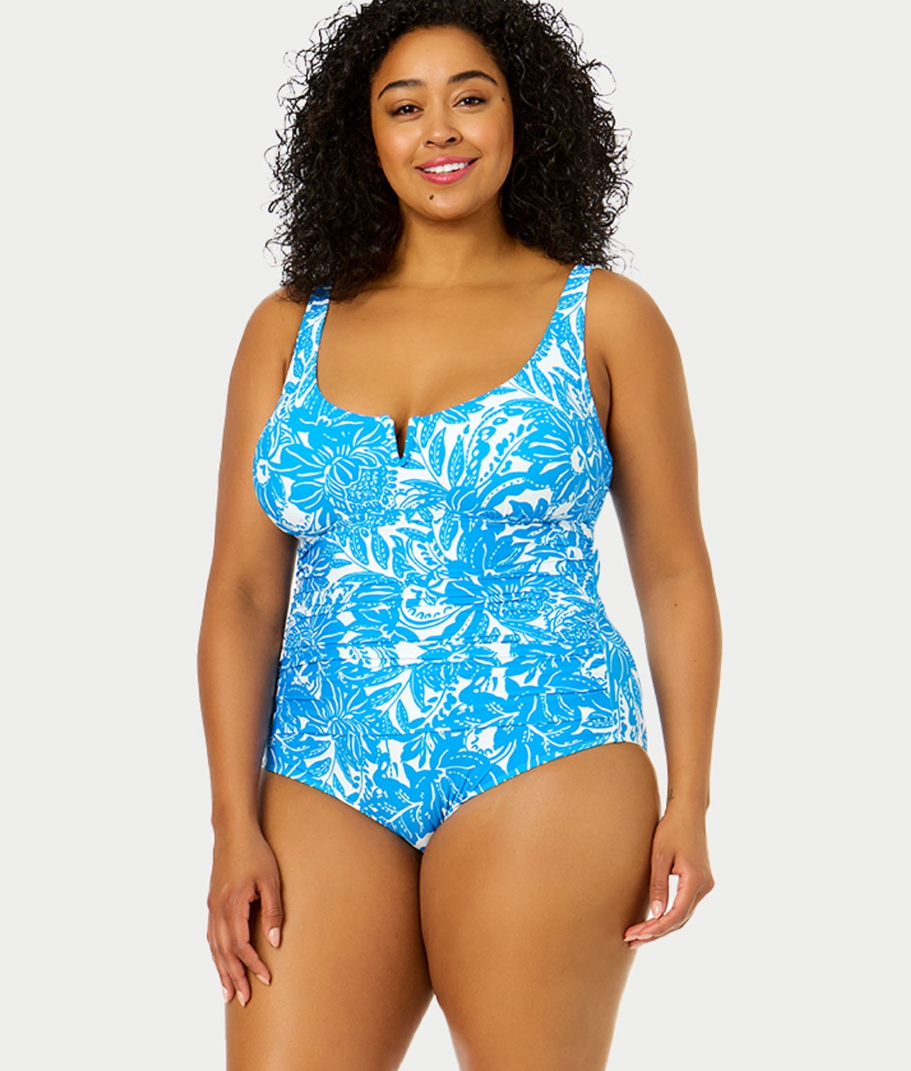 Anne Cole BLUE/WHITE Plus Size Midnight Floral V-Wire One-Piece