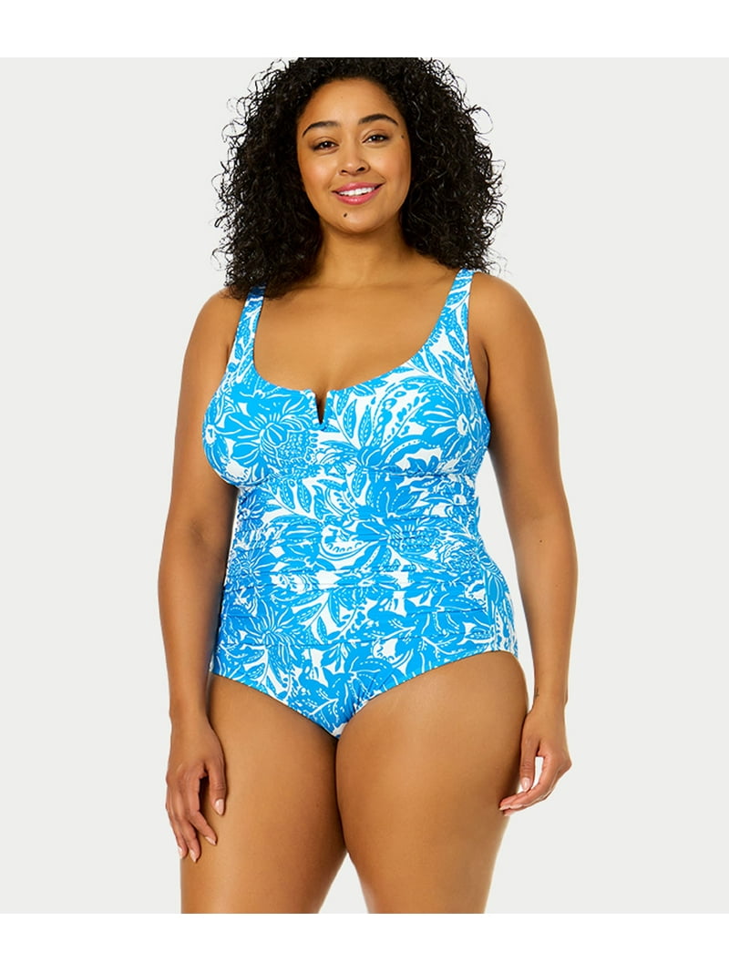 Anne Cole BLUE/WHITE Plus Size Midnight Floral V-Wire One-Piece