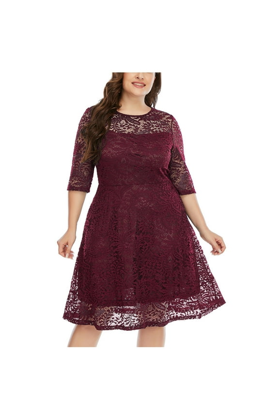Plus Size Mini Dress for Women Floral Lace Knee Length Dress Round Neck Dresses Cocktail Wedding Guest A-Line Dress