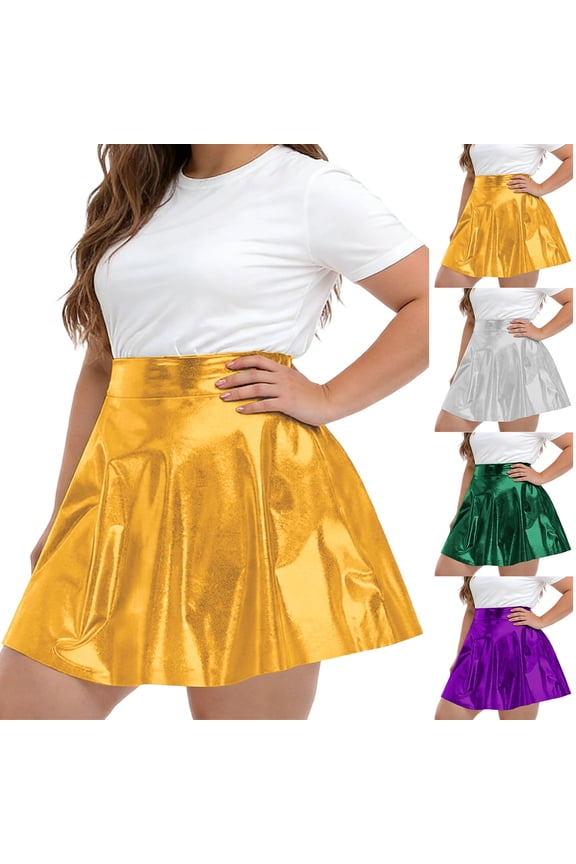 Plus Size Mini Skirts for Curvy Women 1X-5X High Waist Shiny Metallic Skater Pleated Skirts Party Casual (2XL, Gold)