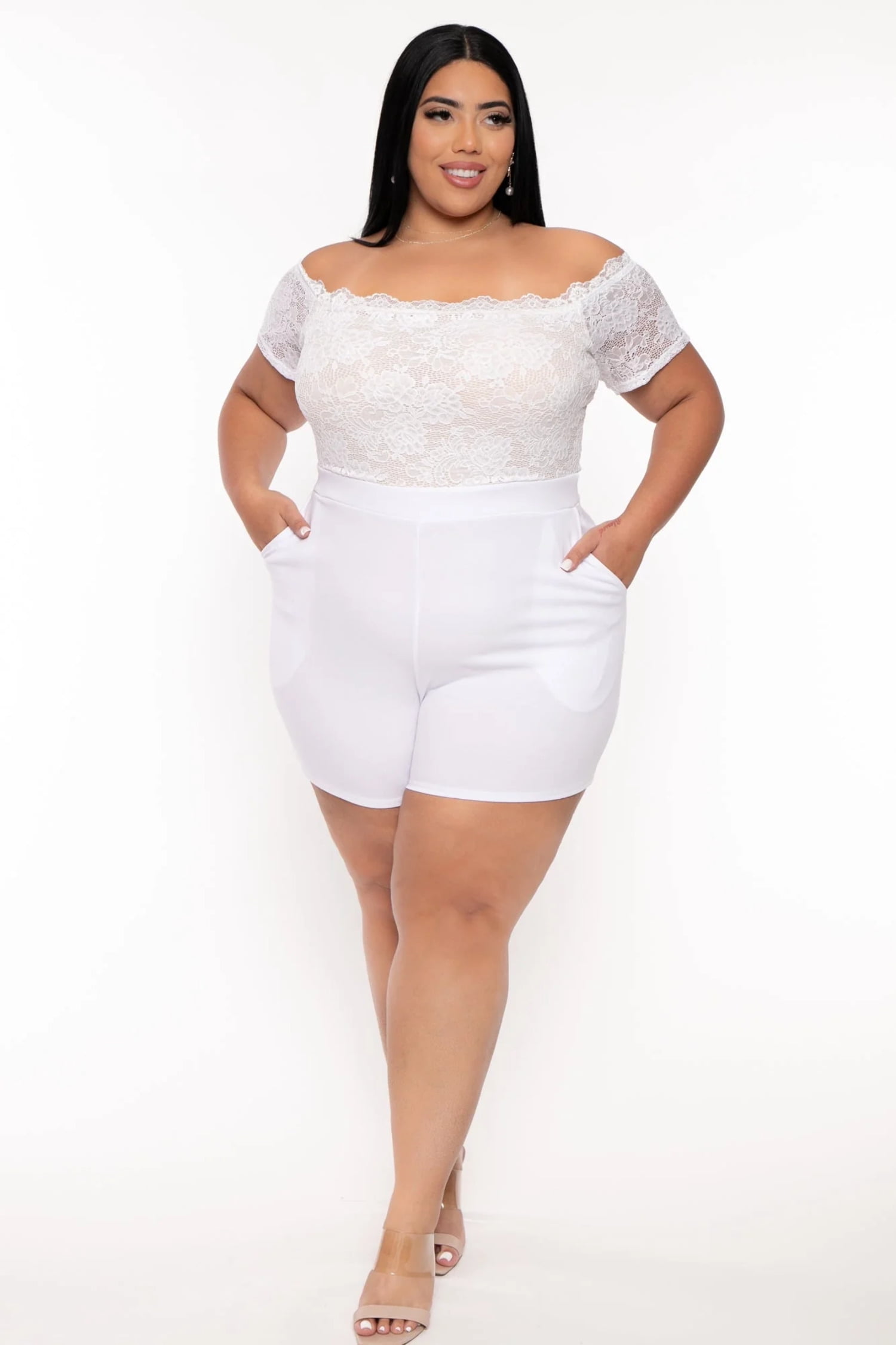 plus size lace romper dress JAEDEN Women's Plus Romper Summer Slim-Fit Short Sleeve Deep V Neck Lace-up  Jumpsuit Black 3XL