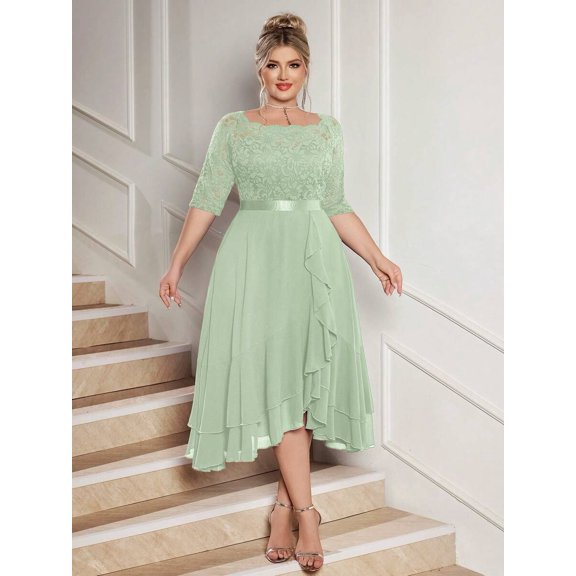 Plus Size Mint Green Floral Lace Top Chiffon Ruffle Hem High-Low Cocktail Dress Elegant