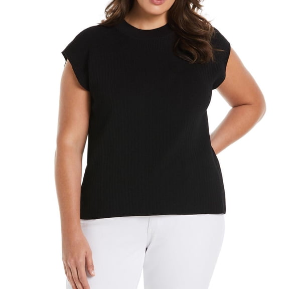 Ella Rafaella Womens Mixed Rib Mock Neck Sleeveless Pullover Sweater, Black, Plus Size, 2X