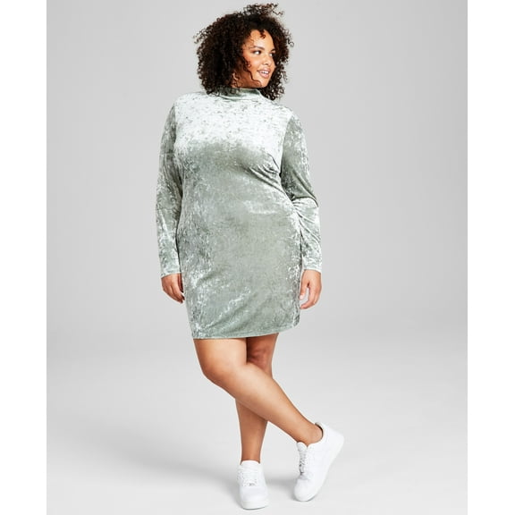 Plus Size Mock-Neck Crushed-Velvet Dress Agave Green 1X
