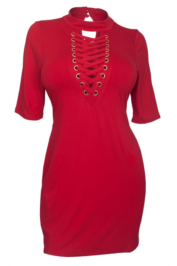 Plus Size Mock Turtleneck Lace Up Dress Red