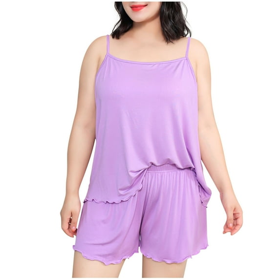 Plus Size Modal Sleep Shorts Set Curvy Women Frilled Camisoles Wide Leg Shorts 2 Piece Home Pajama Sets Sleepwear Purple, 2XL