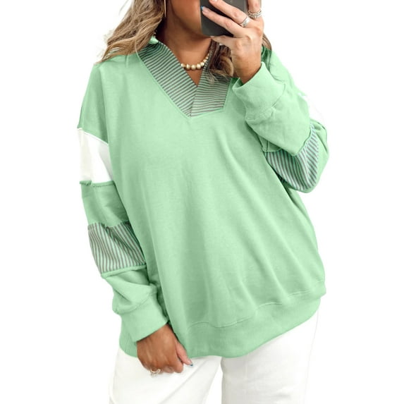 Plus Size Moonlight Jade Color Block Striped Patchwork Collar V Neck Sweatshirt | 1X