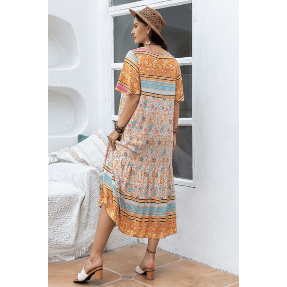 Plus Size Multi Color Bohemian Summer Dress (1XL, MultiOrange)
