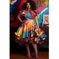 thumbnail image 1 of Plus Size Multicolor Abstract Print Satin Dress, High Neck Puff Sleeve Fit-and-Flare Ruffled Hem Cocktail Party Gown, 1 of 6