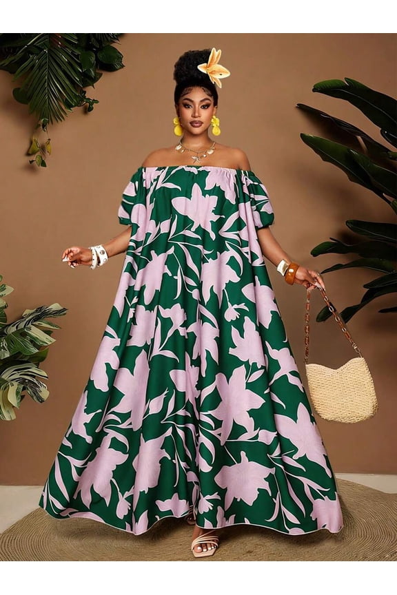 Plus Size Multicolor Floral Off Shoulder Puff Sleeve Maxi Dress For Vacation Party Date Night