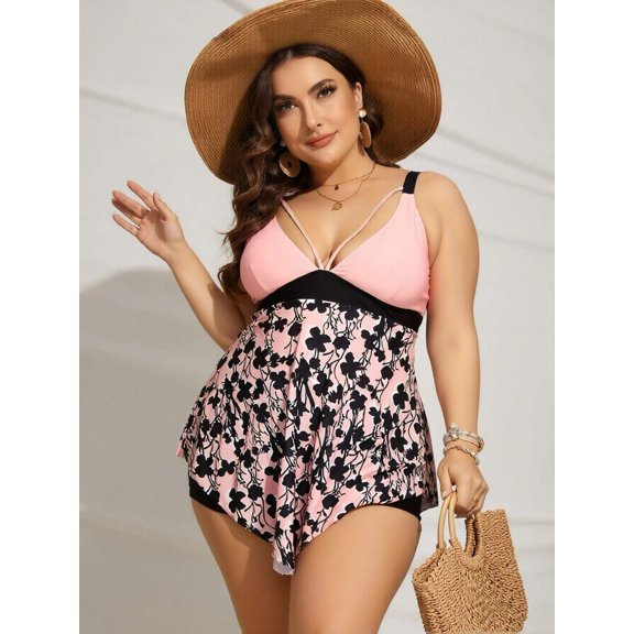 Plus Size Multicolor Floral Tankini Swimsuit Set With Tummy Control